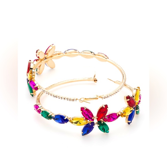 Colorful Crystal Flower Hoop Statement Earrings - Picture 1 of 2
